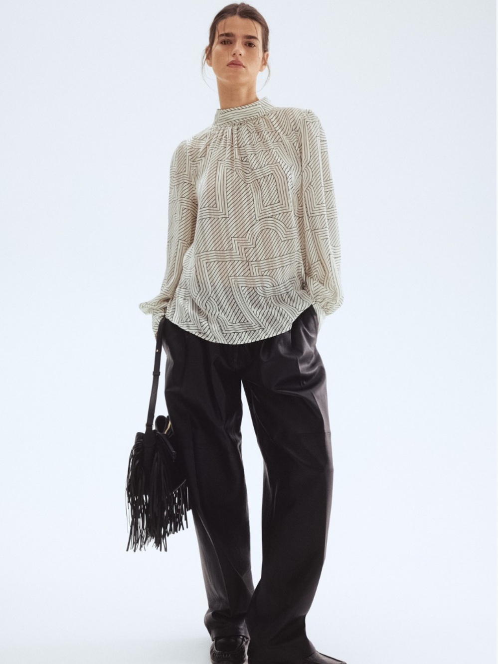 Patterned Sheer Blouse with Stand Up Collar
